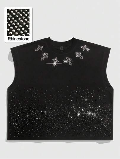 Goth Top canotta ampia da uomo con motivo a croce in cristalli, estivo