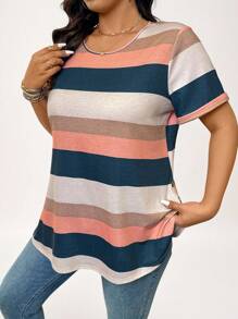 SHEIN LUNE Camiseta casual de cuello redondo, de manga corta, de talla grande, con estampado de rayas, para uso diario, otoño, viajes, aeropuerto, verano, vacaciones, primavera, para mujeres, verano, Pascua, holgada