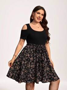 SHEIN LUNE 加大对比碎花印花露肩系带连衣裙，夏季