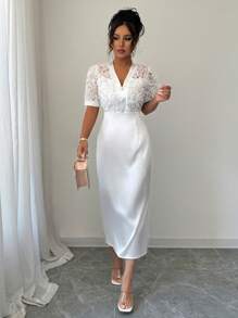 Elenzga V-Neck Splicing Elegant Puff Sleeve Waist Cinching Dress