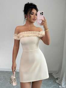 SHEIN PETITE 女式性感露肩荷叶边下摆紧身连衣裙，夏季修身迷你连衣裙