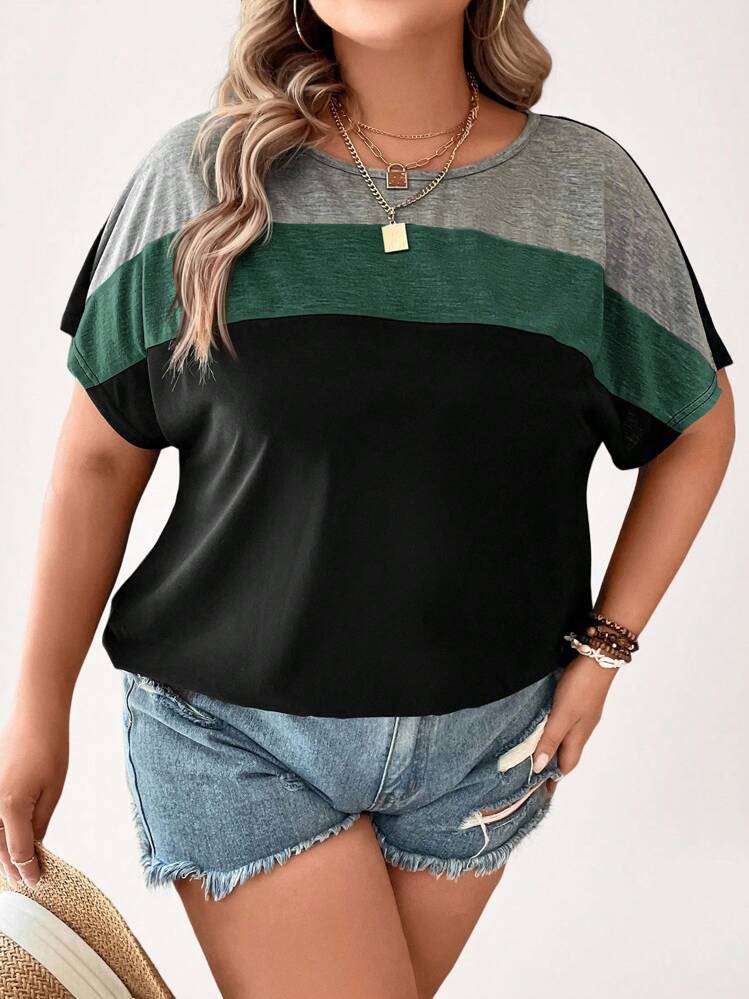 SHEIN LUNE Plus Size Women Round Neck Color Block Batwing Short Sleeve T-Shirt For Summer - Green - View 6