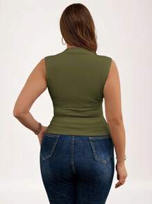 SHEIN LUNE ملابس علوية كاجوال بياقة صلبة وتجاعيد مناسبة للمقاسات الكبيرة للنساء، مناسبة للعطلات - أخضر عسكري - مشاهدة 2