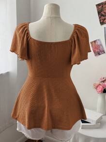 Sweetra Áo thun chữ A cổ vuông tay bồng cỡ lớn dễ thương và thanh lịch dành cho nữ - màu nâu - Xem 2