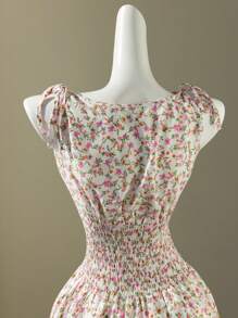 Elamini Sleeveless Tie Waist Ditsy Floral Fitted Summer Dress - Multicolor - View 7