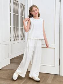 SHEIN Tween Girls Commuter Casual Jacquard Sleeveless Crew Neck Top And Straight Leg Pants Set