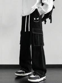 Claim Dot 男士休闲抽绳口袋宽松裤，实用风格夏季 - 黑色 - 查看 1