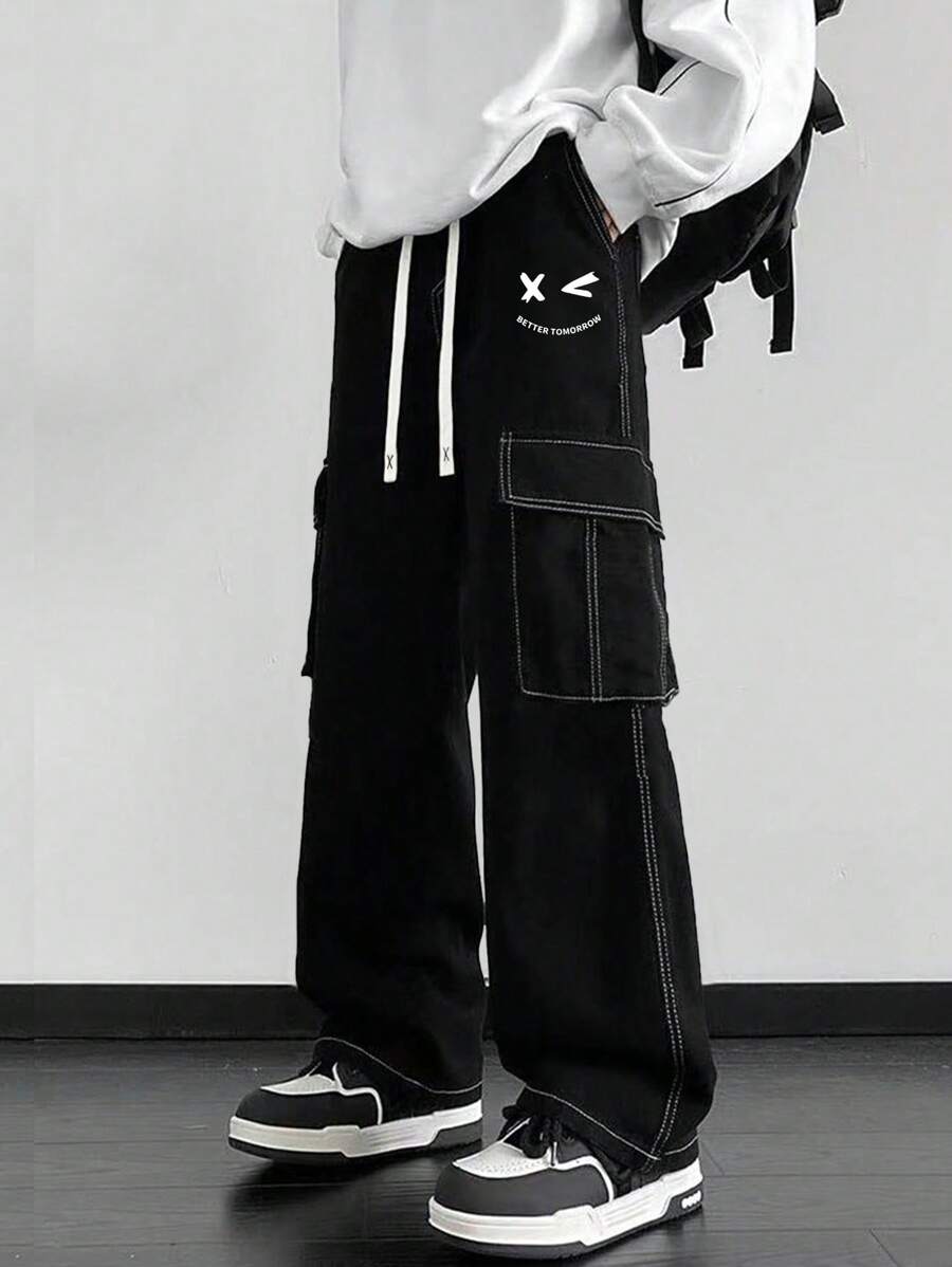 Claim Dot 男士休闲抽绳口袋宽松裤，实用风格夏季 - 黑色 - 查看 1