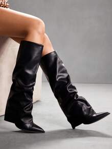 CUCCOO SZL 性感时尚褶皱紧身及膝高筒靴，黑色尖头侧拉链女式高筒靴 - 黑色 - 查看 4