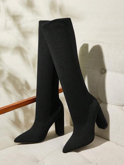 CUCCOO BASICS Women's Pointed Toe Thick Heel Slip-On Black Knit Tight Sock Boots, Comfortable Elastic Stretch Knee High Boots