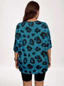 SHEIN LUNE Plus Size Basic Leopard Print Animal Pattern Casual T-Shirt, For Summer