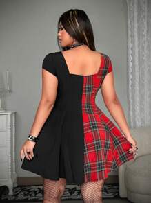 Whyspr Plus Size Women Punk Plaid Patchwork Dark Y2K Super Short Dress - Multicolor - View 3
