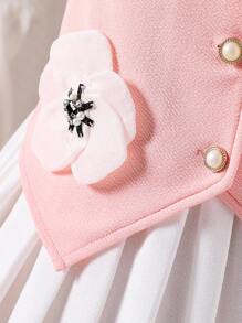 SHEIN 2件套女童3D花卉装饰单排扣背心和百褶裙套装 - 粉色 - 查看 5