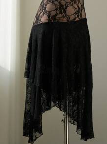 Elamini Black Lace Floral Sheer Metal Buckle Decor Halter Backless Tie Waist Ruffle Asymmetric Hem Mini Dress, Elegant Vintage Sexy Beach Holiday Cocktail Party Summer - Black - View 5