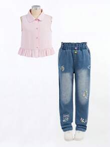 SHEIN 2件套青少年女孩休闲舒适彼得潘领无袖荷叶边衬衫和牛仔裤套装 - 粉色 - 查看 2