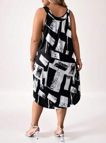 SHEIN LUNE Plus Geo Print Tank Dress, Summer - Black and White - View 2