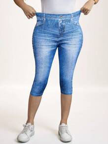 SHEIN LUNE Conjunto de vaquera de verano de talla grande para mujer, con efecto de mezclilla azul, cintura alta, pantalones pitillo casuales sencillos y de moda, para uso diario y vacaciones