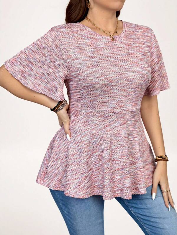 SHEIN LUNE Camiseta de mujer de talla grande con escote redondo, manga corta, bajo con volantes y efecto tie-dye, conjunto informal de verano para mujer, atuendo de vacaciones, día de San Valentín, salir, camisas bonitas, oficina