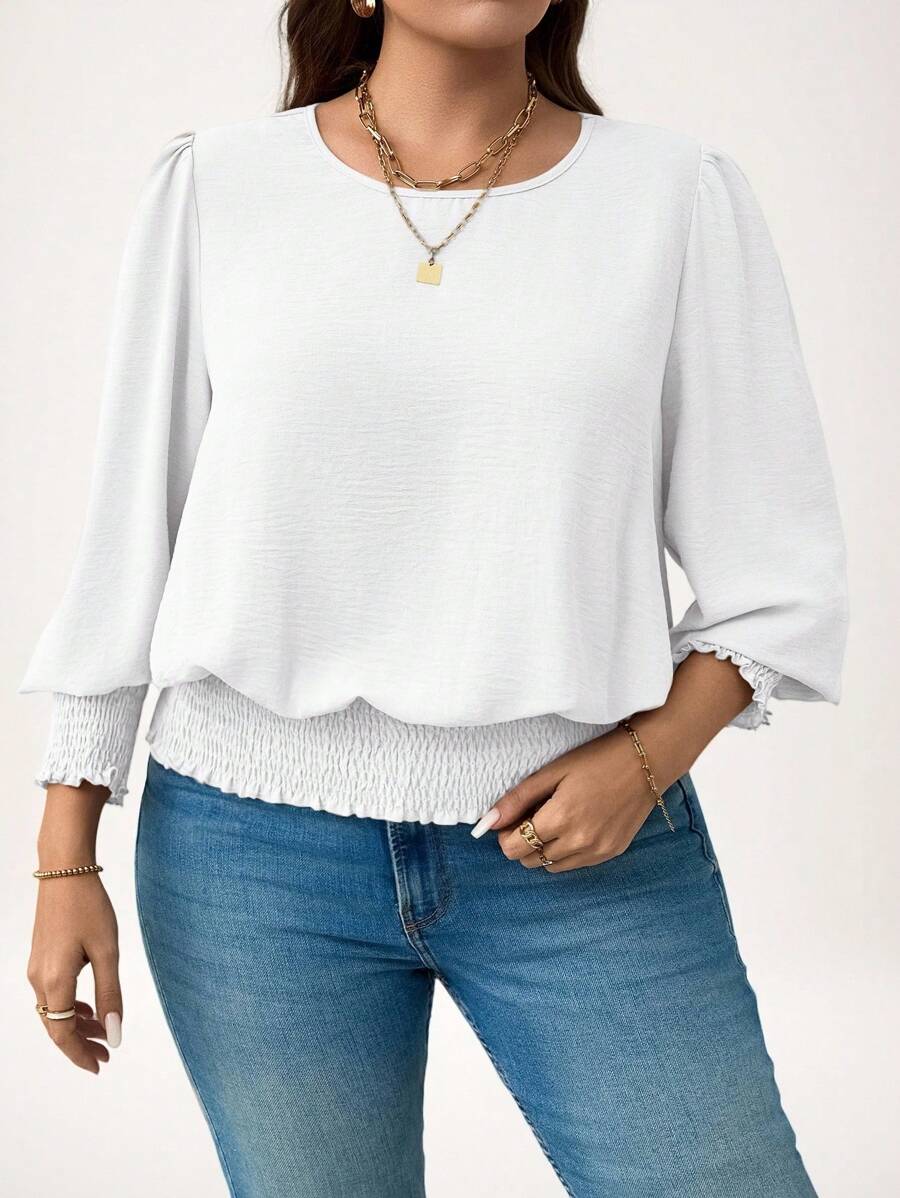 SHEIN LUNE Plus Size Casual Solid Color Puff Sleeve Blouse New Years Women Holiday Valentine Day Vacation Woman Summer For Women Top