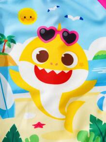 BABY SHARK X SHEIN Traje de baño de una pieza con estampado de tiburón de dibujos animados y mangas raglan para niña en estilo de vacaciones de playa de verano