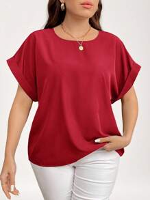 SHEIN LUNE Plus Size Solid Color Round Neck Short Sleeve Casual Shirt Valentine Day Vacation Outfits Woman Summer Outfits For Women Going Out Tops Women,Business Casual Woman,Summer,Cute Shirts,Office Business Casual Woman