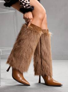 CUCCOO SZL Sexy Fashion Brown Furry Decor Pointed Toe Slim High Heel Glamorous Sexy Party Event Side Zipper Women Knee High Boots - Brown - View 7