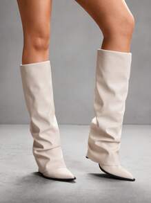 CUCCOO SZL Women's Sexy Fashionable Wrinkled Pointy Toe Side Zipper Knee-High Boots For Christmas - Beige - View 10