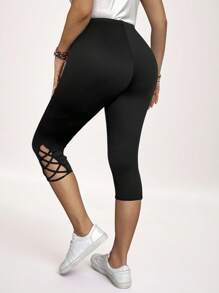 SHEIN LUNE Mallas negras de talla grande para mujeres, con cortes y cruces en las piernas de longitud completa para verano - Negro - Ver 2