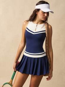 VARSIVA Women's Striped V-Neck Sleeveless Pleated Hem Casual Fitness Sports Dress