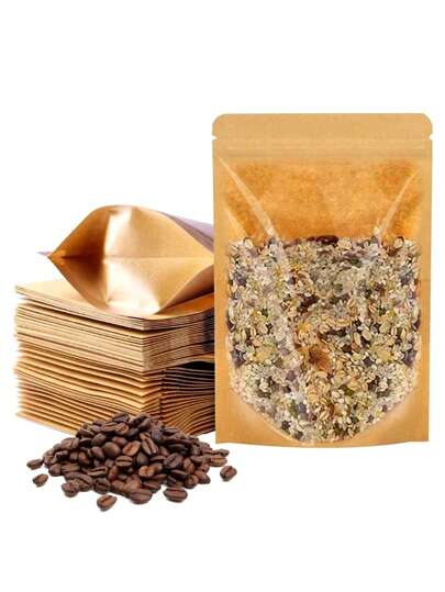 50个透明正面棕色牛皮纸拉链塑料包装锁袋自立袋拉链锁可重复密封袋坚果咖啡食品储存包装包