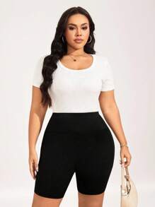 SHEIN LUNE Pantalones cortos tipo ciclista de talle alto básicos y casuales de color negro para uso diario en tallas grandes