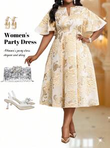 Fleurora 春夏优雅朴素派对婚礼鸡尾酒会音乐会/音乐节粉色编织缺口喇叭中长短袖大码连衣裙生日和活动连衣裙婚纱女士夏季服装女士夏季连衣裙女士连衣裙优雅女士夏季服装女士生日服装女士派对连衣裙女士教堂连衣裙女士节日服装夏季服装女士教堂服装女士巡航服装女士连衣裙女士婚礼宾客派对礼服教堂服装女士婚礼活动礼服生日服装女士节日服装，派对礼服 - 金色 - 查看 1