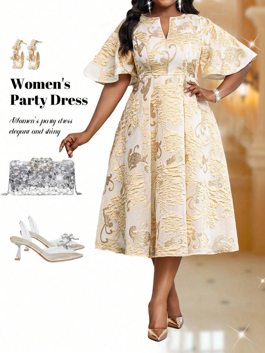 Fleurora 春夏优雅朴素派对婚礼鸡尾酒会音乐会/音乐节粉色编织缺口喇叭中长短袖大码连衣裙生日和活动连衣裙婚纱女士夏季服装女士夏季连衣裙女士连衣裙优雅女士夏季服装女士生日服装女士派对连衣裙女士教堂连衣裙女士节日服装夏季服装女士教堂服装女士巡航服装女士连衣裙女士婚礼宾客派对礼服教堂服装女士婚礼活动礼服生日服装女士节日服装，派对礼服 - 金色 - 查看 1