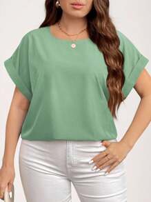 SHEIN LUNE Plus Size Solid Color Crew Neck Batwing Sleeve Casual Blouse Summer For Women - Mint Green - View 3