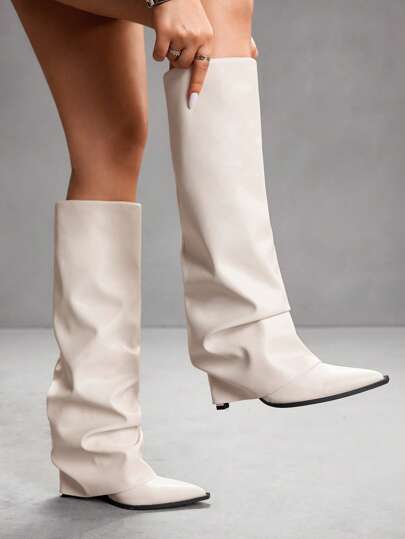 CUCCOO SZL Women's Sexy Fashionable Wrinkled Pointy Toe Side Zipper Knee-High Boots For Christmas