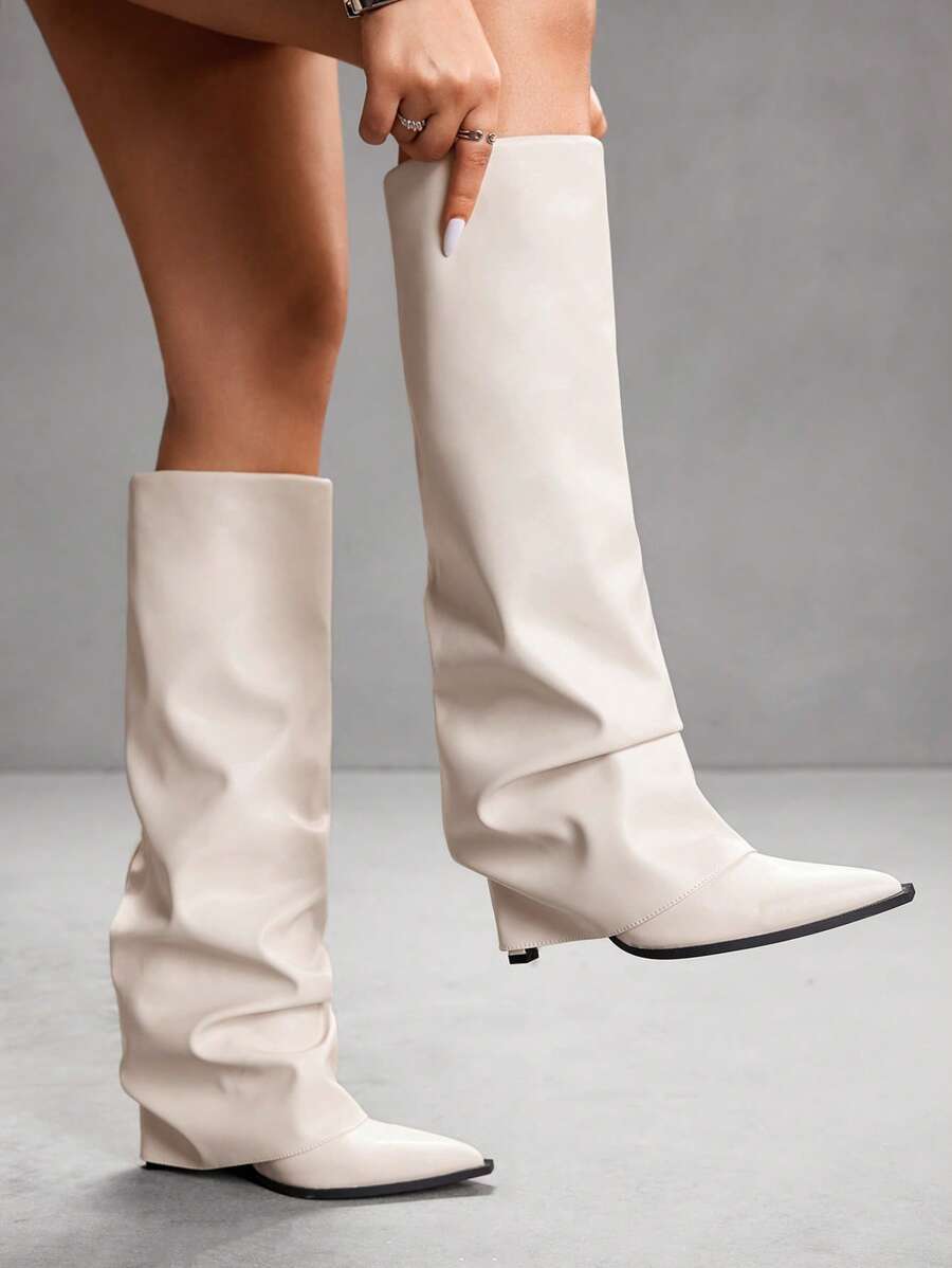 CUCCOO SZL Women's Sexy Fashionable Wrinkled Pointy Toe Side Zipper Knee-High Boots For Christmas - Beige - View 1