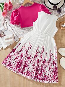 Conjunto de 2 piezas para el Día de San Valentín para niñas adolescentes: Cárdigan con mangas con volantes y vestido plisado con estampado floral, elegante, para primavera/verano - Multicolor - Ver 2