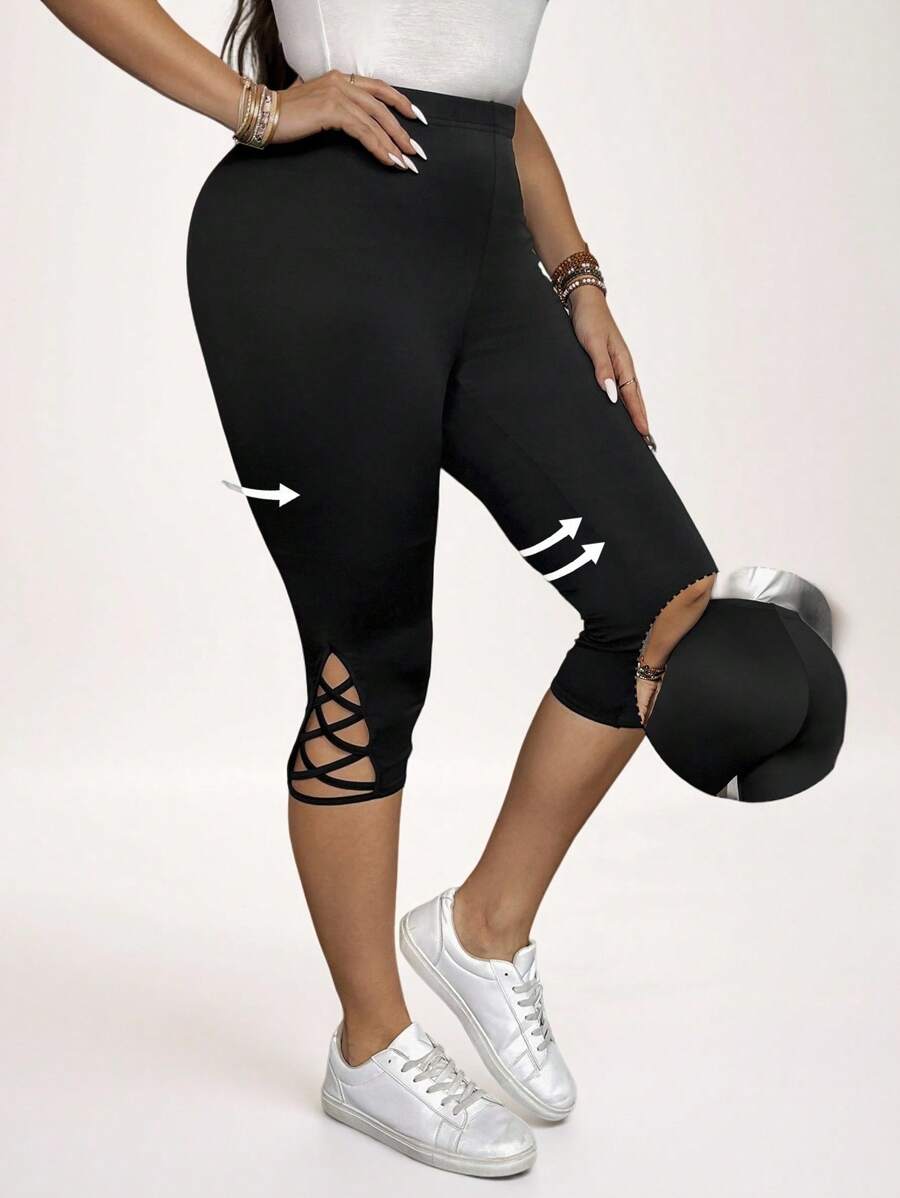 SHEIN LUNE Mallas negras de talla grande para mujeres, con cortes y cruces en las piernas de longitud completa para verano - Negro - Ver 1