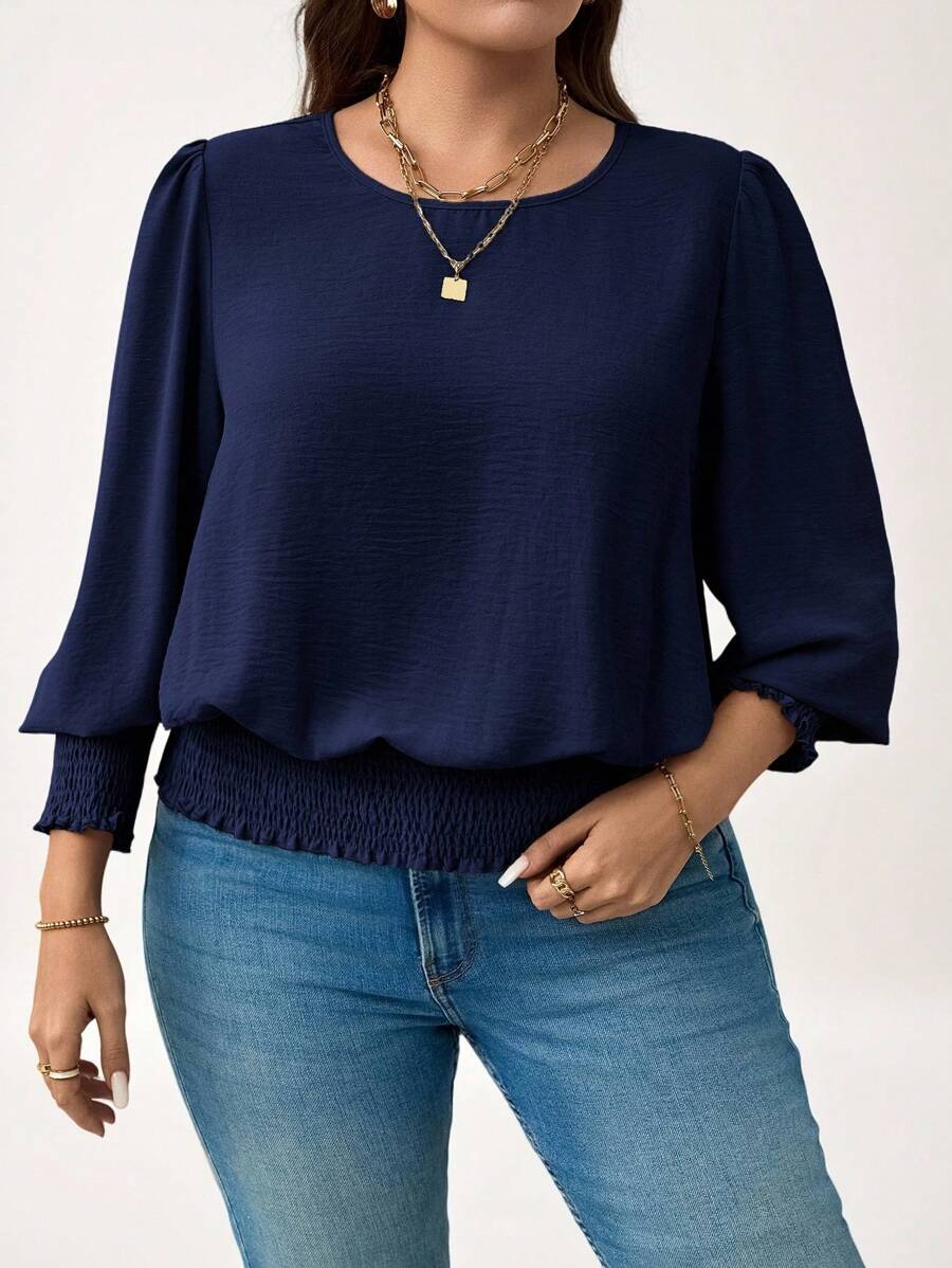 SHEIN LUNE 大码休闲纯色泡泡袖衬衫新年女装节日办公室女装春季女装夏季 - 藏蓝色 - 查看 1