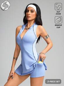 Innovista Sculpted Fit Tennis Dress Built-In Shorts, Stretchy, Breathable, Athletic One-Piece Workout Outfits, Outdoor Skort – Lightweight, Sweat-Wicking, Perfect For Golf Or Hike, High Stretching For Gym, Sport Bodycone, Short Sleeve, All-In-One Activewear,  Dress-Dress, Dry Fit & Breathable Fabric, Mesh Cut Out & Hollow Out, Backless, Zip-Up, PocketPICKLEBLE - Mauve Purple - View 3