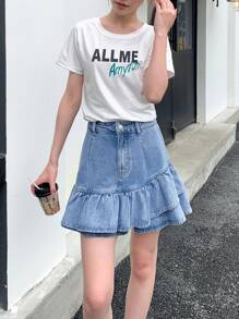 SHEIN ICON 女士休闲牛仔A字裙，夏季时尚 - 淺色水洗藍 - 查看 5