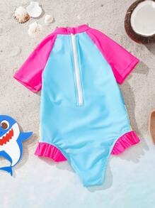 BABY SHARK X SHEIN Traje de baño de una pieza con estampado de tiburón de dibujos animados y mangas raglan para niña en estilo de vacaciones de playa de verano
