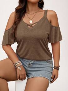 SHEIN LUNE Plus Size Casual Open Shoulder Solid Color T-Shirt Mother Day Summer Simple & Fashionable - Brown - View 4