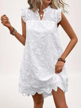 SHEIN LUNE Plus Size Women's White Ruffle Sleeve Asymmetrical Hem Dress Fall Wedding Guest Dress Business Casual Woman Work Dress Business Dress,Beach Dress Sundress,Holiday Outfits Boho