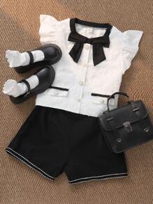 SHEIN Elegant Girls Flutter Sleeve Cardigan Sweater With Faux Pockets & Solid Color Shorts Set, Summer - Black - View 2