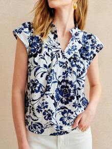 Écloséra 法式复古镂空刺绣印花盖袖立领V领白底蓝花女衬衫夏季上衣女夏装女度假装女优雅女士外出上衣夏季女短袖 - 彩色 - 查看 6