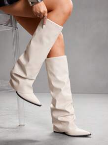CUCCOO SZL Women's Sexy Fashionable Wrinkled Pointy Toe Side Zipper Knee-High Boots For Christmas - Beige - View 8