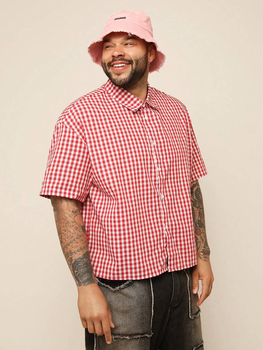 EASEVO Áo sơ mi nam tay ngắn kẻ sọc đỏ trắng rộng rãi thoải mái cỡ lớn - Đỏ - Xem 1