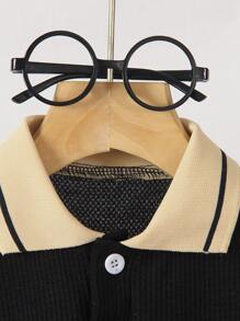 SHEIN Playful Pals 嬰兒男童黑色 Polo 衫 華夫格面料 短袖休閒上衣 夏季職業日返校穿搭 復古純棉幼童翻領鈕扣開襟衫 - 黑色 - 查看 3