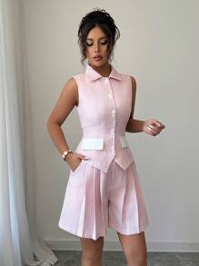 Selianne Front Button Vest And Cinched Waist Wide Leg Shorts Suit - Pink - View 5